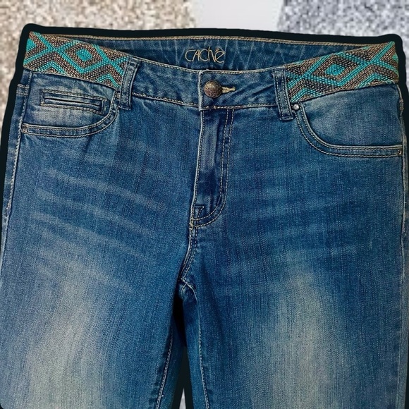 Caché Vintage Y2K Medium Wash Denim Capris with Turquoise Braided Stitch Waist 4 - Picture 3 of 13